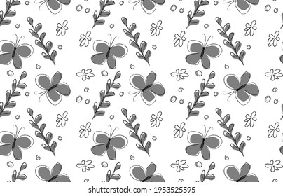 Patrón sin foco de mariposas, flores y ramas dibujadas a mano. Patrón veraniego en colores blanco y negro. Adecuado para textiles, papel de embalaje, invitaciones, etc.
