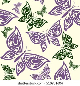 Seamless pattern with handdrawn butterfly on a white background. For prints and textile.