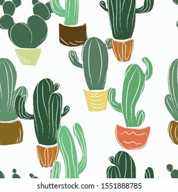 Seamless pattern with hand-drawn cacti on a white background.