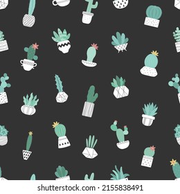 Seamless pattern of hand-drawn cacti in white pots on the dark background. Summer scandinavian Vector illustration of a cactus for children, print, typography, nursery, baby, home