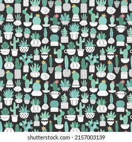 Seamless pattern of hand-drawn cacti in white pots at close range on the dark background. Summer scandinavian Vector illustration of a cactus for print, typography, nursery, baby, home, interior
