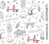 Seamless pattern with Hand-drawn California themed illustration with iconic landmarks, wildlife, nature, and lifestyle elements like the Golden Gate, surfer, bear, and redwood.