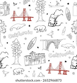 Seamless pattern with Hand-drawn California themed illustration with iconic landmarks, wildlife, nature, and lifestyle elements like the Golden Gate, surfer, bear, and redwood.