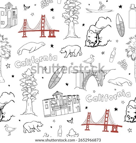 Seamless pattern with Hand-drawn California themed illustration with iconic landmarks, wildlife, nature, and lifestyle elements like the Golden Gate, surfer, bear, and redwood.