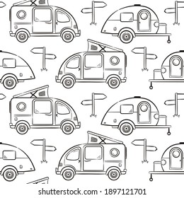 Seamless pattern of Hand-drawn campers, minivans and road sign. Black and white Retro transport for coloring. Contour Vector illustration on the theme of travel, caravanning, camping, motorhomes.