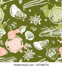 Seamless pattern with hand-drawn candied fruit and spices. Vector illustration.