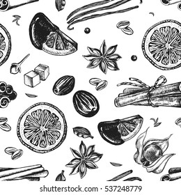 Seamless pattern with hand-drawn candied fruit and spices. Vector illustration.