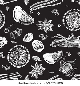 Seamless pattern with hand-drawn candied fruit and spices. Vector illustration.