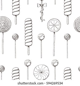 Seamless pattern with hand-drawn candies. Sweet background. Desert. Sketch. Vector design