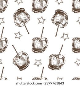 Seamless pattern of hand-drawn Candy Taffy apples with nut sprinkles. Vector food drawing. Traditional Christmas, Halloween dessert. Vintage holiday design.