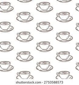 Patrón sin fisuras con tazas de café de capuchino dibujadas a mano sobre fondo blanco. Impresión de estilo de contorno de Vector.