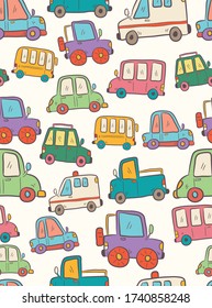 Seamless pattern hand-drawn car cartoon collection