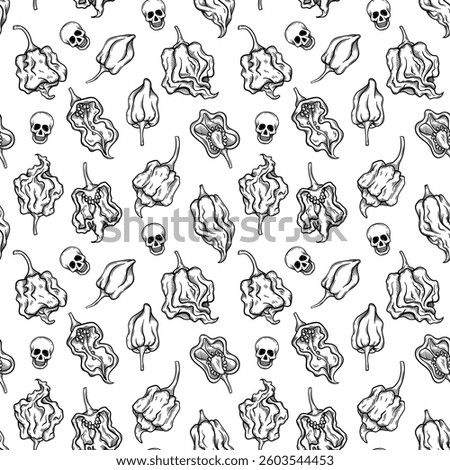 Seamless pattern with hand-drawn Carolina Reaper and Trinidad Scorpion peppers, and skull motifs. Ideal for spicy food branding, packaging, and textiles.