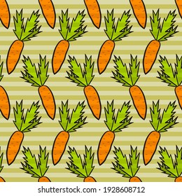 Seamless pattern of hand-drawn carrots. Cartoon vegetable green background on the theme of harvest, food, cooking, vitamins and healthy food. Vector illustration.