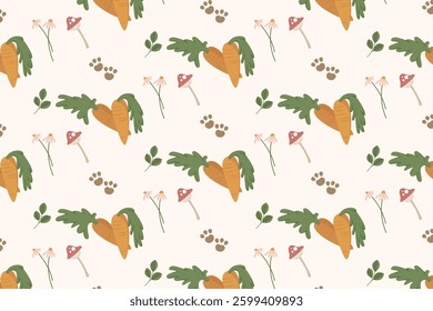 Seamless pattern of hand-drawn carrots, paw prints, and flowers. Perfect for Easter, farm-themed designs, and children’s textiles.