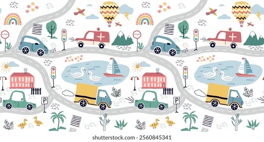 Seamless pattern with hand-drawn cars, signs, dots, roads. Cartoon, cute print background, kids, paper, print. vector illustration in the style of trending art
