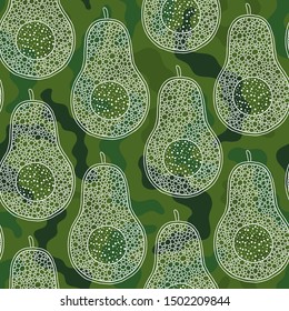 Seamless pattern from hand-drawn cartoon avocados on a green background. Doodle style. Banner, poster, wrapping paper, modern textile design, promotional material
