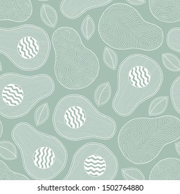 Seamless pattern from hand-drawn cartoon avocados on a green background. Doodle style. Banner, poster, wrapping paper, modern textile design, promotional material