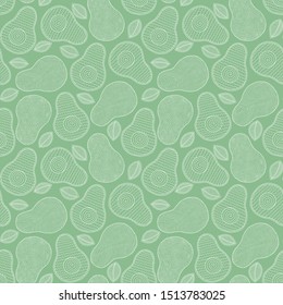 Seamless pattern from hand-drawn cartoon avocados on a green background. Doodle style. Banner, poster, wrapping paper, modern textile design, promotional material