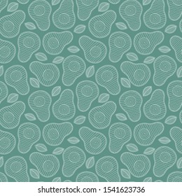 Seamless pattern from hand-drawn cartoon avocados on a green background. Doodle style. Banner, poster, wrapping paper, modern textile design, promotional material