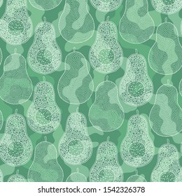 Seamless pattern from hand-drawn cartoon avocados on a green background. Doodle style. Banner, poster, wrapping paper, modern textile design, promotional material