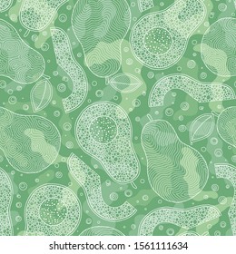 Seamless pattern from hand-drawn cartoon avocados on a green background. Doodle style. Banner, poster, wrapping paper, modern textile design, promotional material