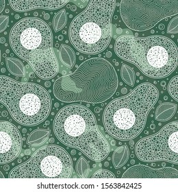Seamless pattern from hand-drawn cartoon avocados on a green background. Doodle style. Banner, poster, wrapping paper, modern textile design, promotional material