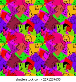 seamless pattern  Hand  drawn cartoon character illustration  Crazy cartoon character face  Psychedelic seamless pattern