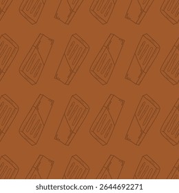 seamless pattern hand-drawn cartoon chocolate bars arranged diagonally. The simple brown line art on a brown background gives it a clean, playful look suitable for confectionery packaging, branding.