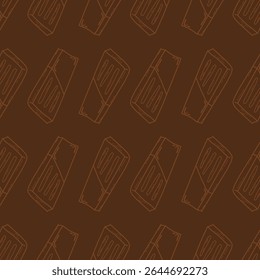 seamless pattern hand-drawn cartoon chocolate bars arranged diagonally. The simple brown line art on a brown background gives it a clean, playful look suitable for confectionery packaging, branding.