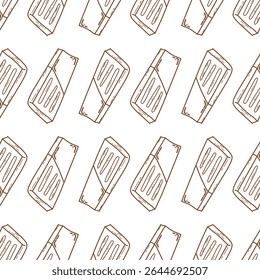 seamless pattern hand-drawn cartoon chocolate bars arranged diagonally. The simple brown line art on a white background gives it a clean, playful look suitable for confectionery packaging, branding.