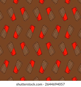 seamless pattern hand-drawn cartoon chocolate bars with red wrappers arranged diagonally on a brown background. The playful and colorful design is perfect for confectionery packaging