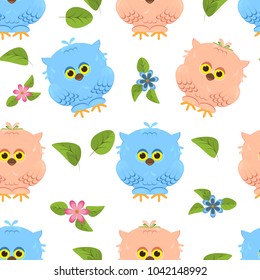 Seamless pattern hand-drawn cartoon cute owls.Boy and girl with a bow on its head.Funny blue and pink birds sitting,small flowers blooming,green leaves.Summer vector illustration.White background