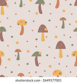 Padrão contínuo com desenho à mão desenho animado cogumelo comestível no outono ou outono elemento de comida sazonal. Vetor de cogumelos para fundo, papel de parede, roupas, embalagem, tecido, estacionário, e capas de telefone.