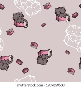 Seamless Pattern hand-drawn cartoon fat cat in a crumpled box pastel colors
