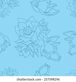 Seamless pattern with a  hand-drawn cartoon flowers and dots for summer and spring design