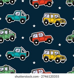 Seamless Pattern with Hand-Drawn Cartoon Jeeps and Stars