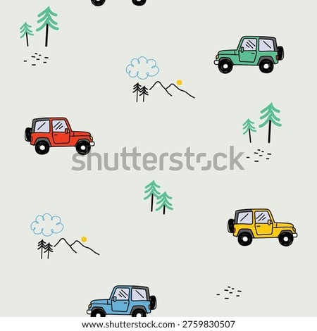 Seamless pattern with hand-drawn cartoon off-road cars and nature elements