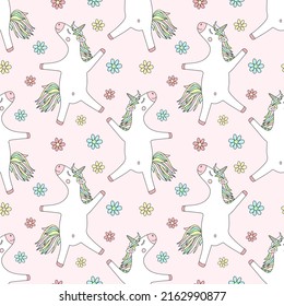 Seamless pattern of hand-drawn cartoon unicorns with rainbow, clouds, diamonds, hearts. Vector background image for holiday, baby shower, prints, wrapping paper, girl's birthday.