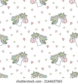 Seamless pattern of hand-drawn cartoons cute unicorns with hearts. Vector background image for holiday, baby shower, prints, wrapping paper, girl's birthday.