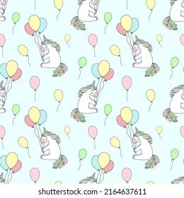 Seamless pattern of hand-drawn cartoony smiling unicorns with balloons. Vector background image for holiday, baby shower, prints, wrapping paper, girl's birthday.