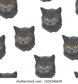 Seamless pattern with hand-drawn cat face isolated on dark background
