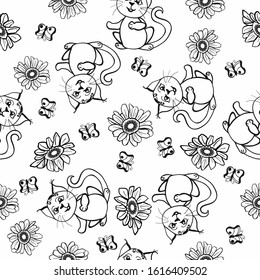 Seamless pattern with hand-drawn cats and flowers.
