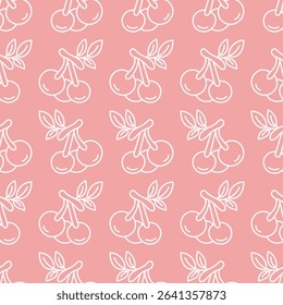 Seamless pattern with hand-drawn cherry fruits in a minimalist white line-art style on a vintage light pink background. Modern retro vector design 