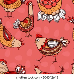 Seamless pattern with hand-drawn chickens and eggs in red colors. Vector illustration.