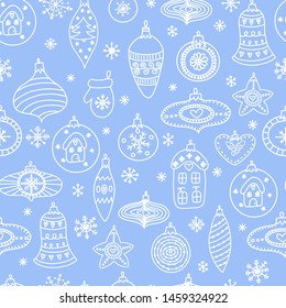 Seamless pattern with hand-drawn Christmas ball toys on a blue background. Decorative background for fabric, textile, wrapping paper, card, invitation, wallpaper, web design.