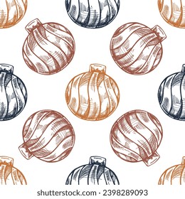 Seamless pattern of hand-drawn Christmas ball isolated on white, decoration for christmas. Vector vintage drawing in sketch style. Traditional Cozy Christmas. Object for christmas card, packaging.