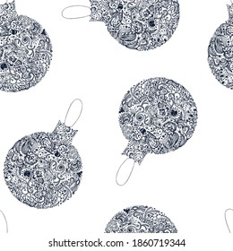 Seamless pattern with hand-drawn Christmas balls. Abstract zentangle drawing  isolated on white background.  For season greeting cards, posters. 