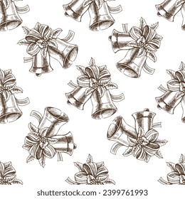 Seamless pattern of hand-drawn Christmas Bells in sketch style. Vector drawing. Traditional Christmas decoration. Vintage cozy seasonal holidays. 