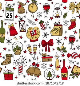 Seamless pattern of hand-drawn Christmas elements in doodle style. The illustration is suitable for Christmas textiles, banners, wrappers, wallpapers. Vector.